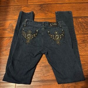 Y2K Cyber Grunge Women Size 5 Cello Jeans Wing Cross Embellished Skinny Dark